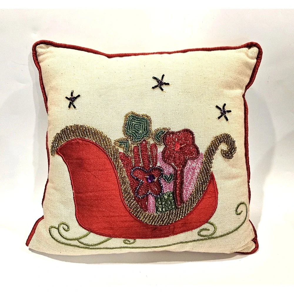Pier 1 One Beaded Sleigh Christmas Accent Pillow Winter Holiday Approx. 10